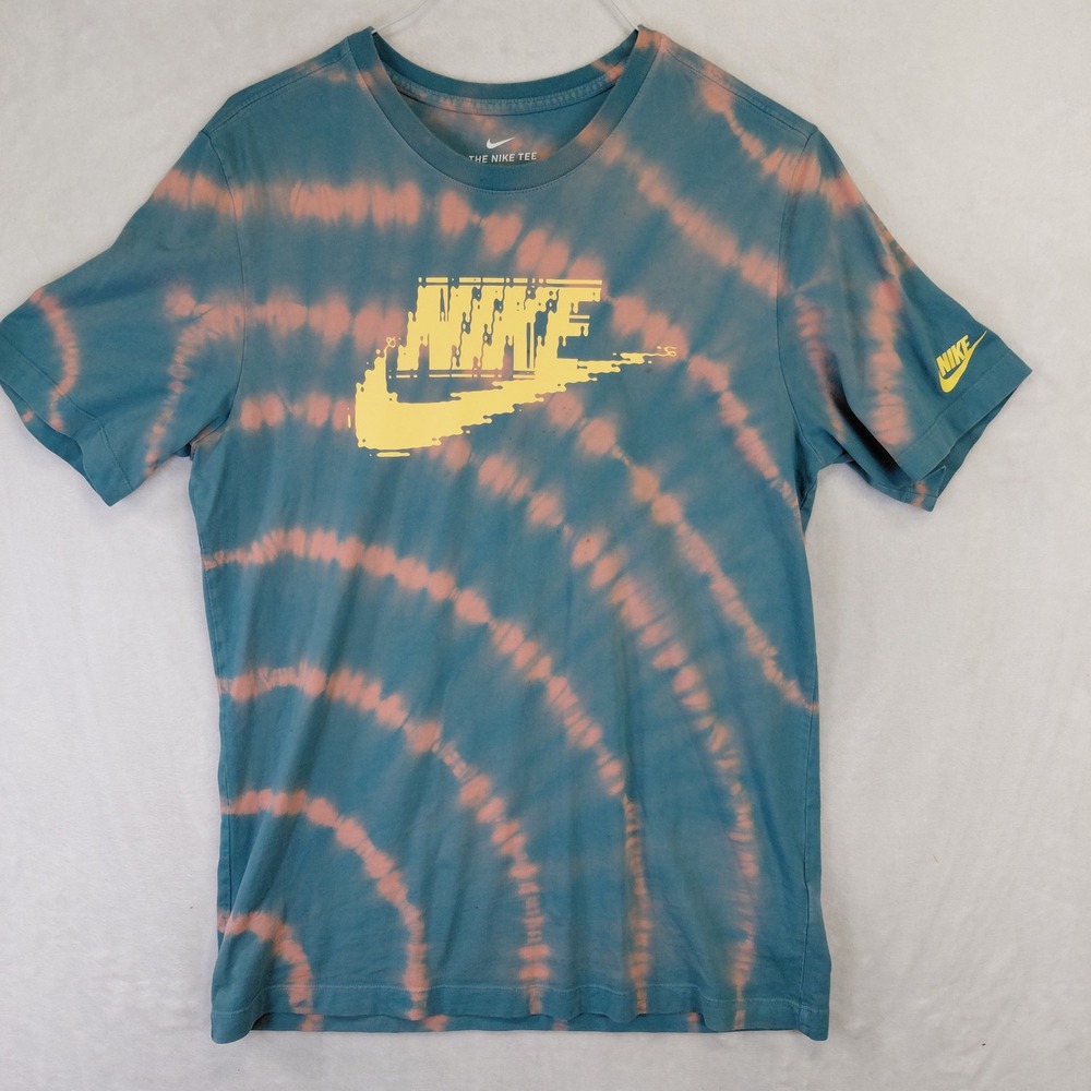 Nike Mens Tie Dye Graphic T-Shirt‎ Teal Peach Melting Logo Size M Short Sleeve